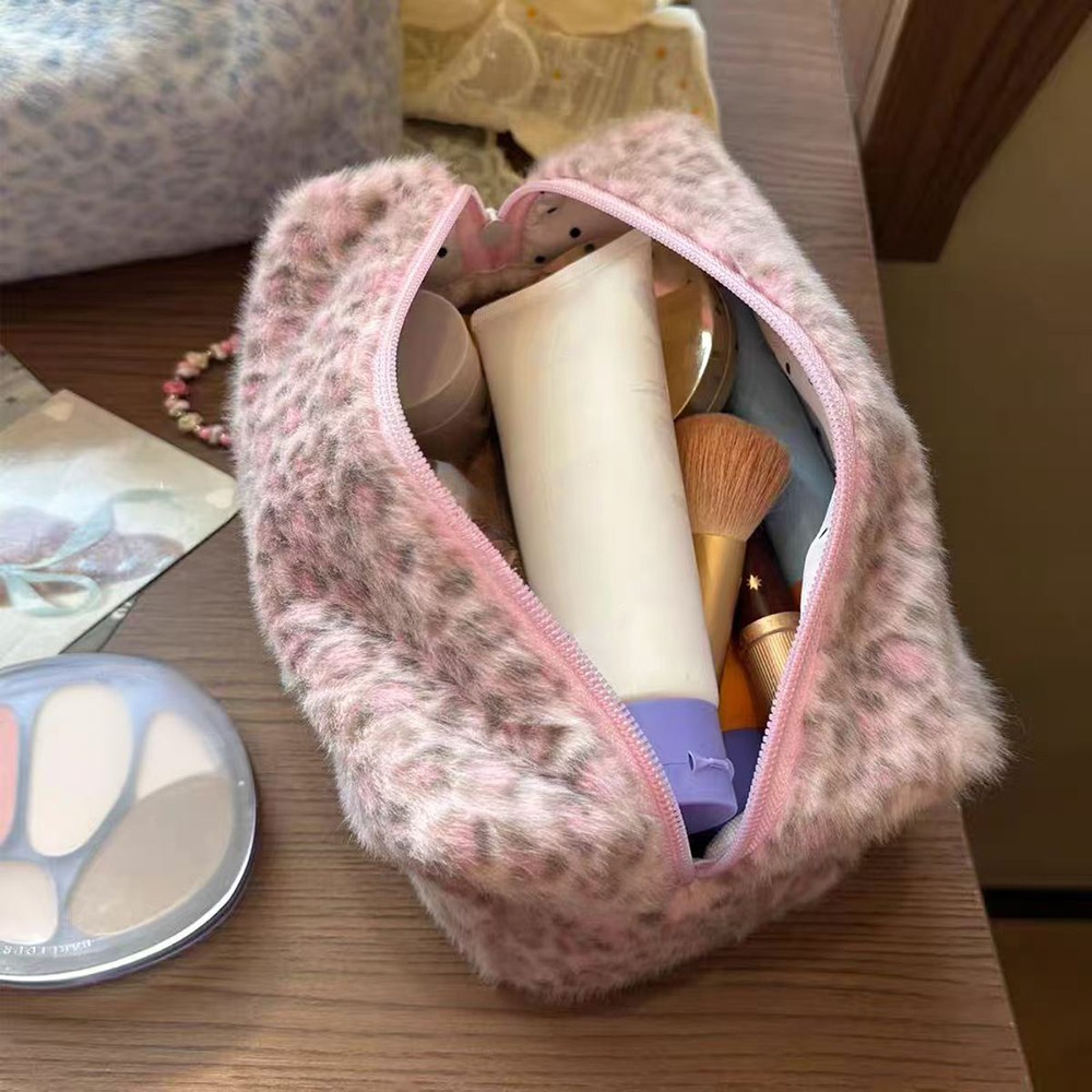 Cosmetic Bags - Durable Fuzzy Makeup Bag Leopard Print